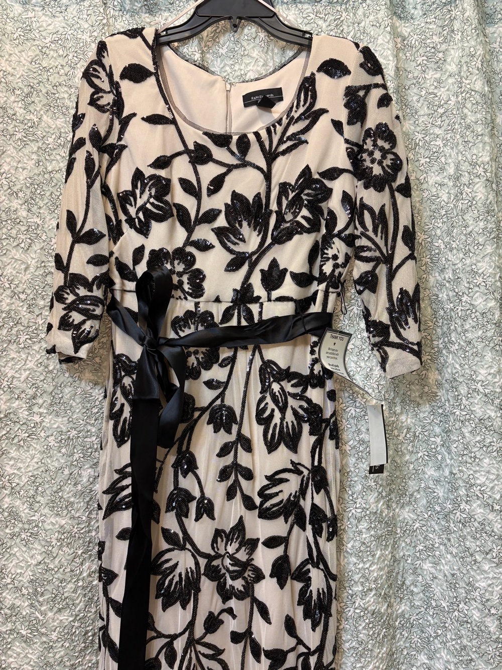 R&M Richards Cream Dress with Black Sequin Floral Embroidery and Satin Sash